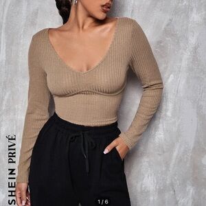 SHEIN Privé V Neck Solid Fitted Crop Tee